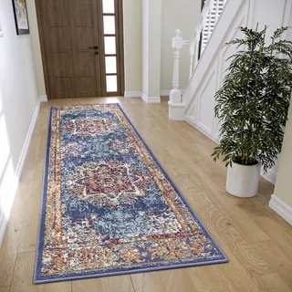 HANSE HOME Maderno Blau, B:80cm H:8mm L:240cm, Jute, Polyester, Polypropylen (PP), Teppiche, Teppich, Läufer orientalisch, Kurzflor, Wohnzimmer, Schlafzimmer, Esszimmer,