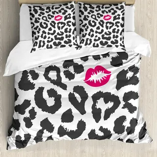 ABAKUHAUS Safari Bettbezug Set, Leopard Gepard Tierdruck Kuss Form Lippenstift Markierung punktiert Grafik, 155 x 220 cm + 80 x 80 cm, Charcoal Grey Pink