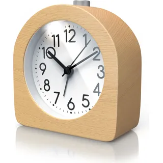BEARWARE Wecker analog ohne Ticken – halbrund - Holz hell – Retro Design – beleuchtetes Ziffernblatt mit Licht – lautlos - Reisewecker - Weckton - Snoozetaste Schlummerfunktion – batteriebetrieben - Naturbelassen, Hellbraun