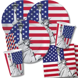 56-teiliges Party-Set USA - Teller Becher Servietten Trinkhalme für 10 Personen