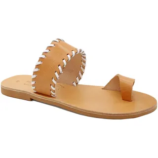 38 Beige-Weiß Emmanuela griechische Leder bestickte Zehenringsandalen, hochwertige handgefertigte Slide Sommerschuhen für Damen, Boho Chic offene Zehen Sandalen