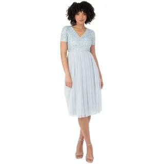 Maya Deluxe Damen Robe de Soirée Midi Ornée D'un Col en V À Manches Courtes Pour Bal de Fin D'année, Mariage Brautjungfernkleid, Bleu Clair,
