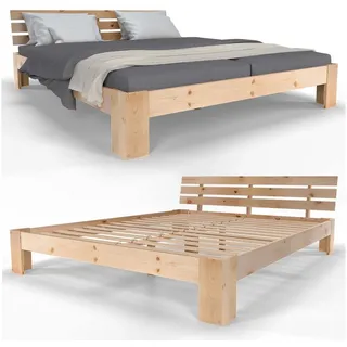 Sanzaro Holzbett 160 x 200 cm - Massivholz Bett Kiefer Doppelbett Balkenbett Bettgestell Bettrahmen Lattenrost, Natur