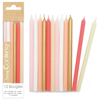 ScrapCooking – 12 lange Kerzen in Rosa & Gold – Kerzen in Gold, Pastellrosa, Koralle & Weiß für Geburtstagskuchen – Dekoration für Kinder und Erwachsene – aus Paraffin mit Spikes – Party Backen – 0359