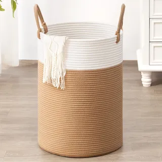 TIMEYARD Wäschekorb geflochten aus Baumwolle, Seil Korb mit Griffen, Groß Aufbewahrungskorb von Spielzeug im Kinderzimmer Decken im Wohnzimmer, D35 x H50 cm, Weiß und Kamel