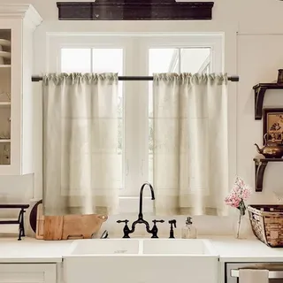 Farmhouse Landhaus-Dekor, Kurze Vorhänge, 61 cm lang, Wohnmobil, für Salon, Beige, lässig, rustikal, Leinen, Hellbraun, kleines halbtransparentes Fenster, Blickdicht, Stangentasche, halbtransparenter