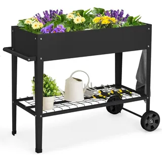 Hochbeet aus Metall mit Rollen, Ablage und Haken - Schwarz