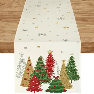 ZWJD Tischläufer Weihnachten 40x100 cm Tischläufer Beige Modern Weihnachtstischläufer Weihnachtsbäumen Schneeflocken Festliche Weihnachtsdeko Tisch für Winter, Feiertage, Esszimmer &Wohnzimmer