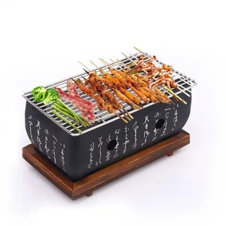 Tissting Japanischer BBQ Grill, 24x12x11cm Mini Holzkohle Tischgrill mit Gitter und Holzbasis, Rechteckig Tragbarer Japanisch Holzkohleofen Campingkocher für Yakiniku, Takoyaki, Aal Teriyaki