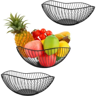 LOPYXBR 3 Stück Obstschale Schwarz, 25,5x8cm Obstschalen Metall, Obstschale Modern, Fruit Bowl Basket, Obstkorb mit Wellenform-Design für Obst, Gemüse, Kleinigkeiten, Dekoration