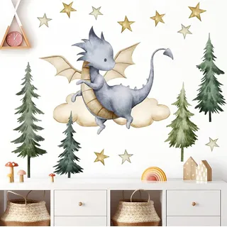 WandSticker4U®- XXL Wandtattoo DRACHEN im WALD blau groß (109x53 cm) I Groß Drache Wandaufkleber Babyzimmer Tiere Sterne Wolken I Dino Wandsticker Kinderzimmer Deko Junge Mädchen selbstklebend