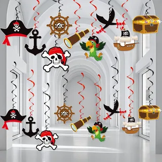 Piraten deko,Kaluofan 36 Stk Piratendeko Party Hängende Wirbel Deko | Piraten Deko Kindergeburtstag Piraten Kapitän Hut Schädel Papagei Deko für Piraten Nautische Karibik Piratenparty deko