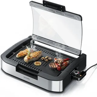 Arendo Gourmet Tischgrill mit Glasabdeckung - Elektrogrill - Barbecue - für Steaks, Würstchen, Fisch, Meeresfrüchte, Gemüse, Pilze u.v.m. - für Balkon, Garten, Indoor - Schwarz