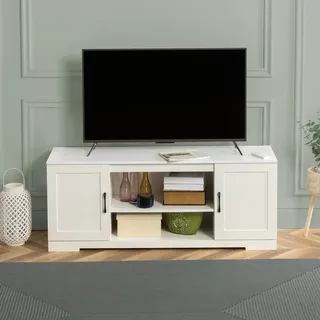 Zinus Bennett TV-Möbel, TV-Möbel im Landhausstil mit Einlegeböden und Türen, Wohnzimmer- oder Schlafzimmermöbel, für Fernseher bis zu 65 Zoll, Weiß