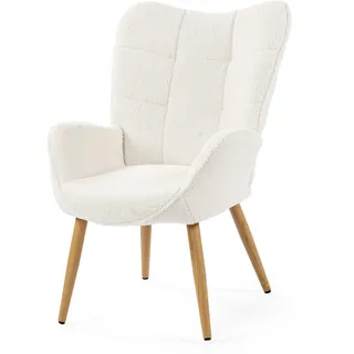 MEUBLE COSY Sessel Relaxsessel Lehnstühle Polstersessel Einzelsofa mit Holzbein Ohrensessel für Wohnzimmer Schlafzimmer Büro Vanity, Bouclé-Stoff, Beige