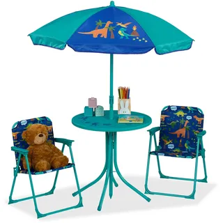 Relaxdays Camping Kindersitzgruppe, Dino Motiv, Kindersitzgarnitur mit Sonnenschirm, Klappstühlen, Tisch, Garten, türkis