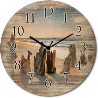 ARTland Holz Wanduhr Funkuhr - schwarzer Zeiger Sonnenuntergang Strand Wellenbrecher Größe: 30x30 cm - Ocker