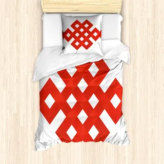 ABAKUHAUS rot Mantele, Verschlungene Linien mit Quadraten, Milbensicher Allergiker geeignet mit Kissenbezügen, 135 cm x 200 cm - 80 x 80 cm, rot-Weiss - Rot