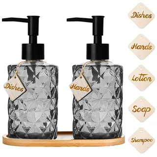 2er Glas Spülmittelspender,Vintage Seifenspender Schwarz mit Tablett,Seifenspender Set Handseifenspender Duschgel Spender für Küche Bad Shampoo Lotion