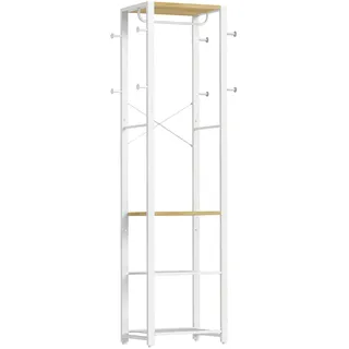 HOOBRO Garderobenständer, Garderobe mit Schuhregalen, Aufbewahrungsregal, Garderobe mit 3 Regalen, Vielseitiger Kleiderständer mit Schuh-Organizer, Weiß und Holzfarbe EWN04YM01