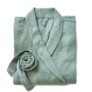 JOWOLLINA Unisex Bademantel Morgenmantel aus 100% feinem Waffelpique Leinen Stonewashed mit Schalkragen (L/XL, Jade)