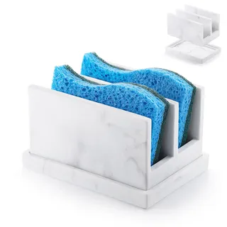 Luxspire Küchenschwammhalter für Spüle, Spülbecken Organizer, Harz Spülschwammhalter mit 2 Fächern, Schwammablage für Küchenspüle, Schwammhalter mit Abtropfschale, Spülbecken Caddy, Kies Weiß
