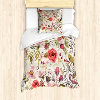 ABAKUHAUS Shabby Flora Mantele, Abstrakte Blumen Rosen, Milbensicher Allergiker geeignet mit Kissenbezügen, 135 cm x 200 cm - 80 x 80 cm, Mehrfarbig