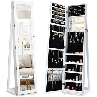 COSTWAY Schmuckschrank, Spiegelschrank mit Ganzkörperspiegel und eingebauter Make-up-Spiegel, abschließbar, stehend, Schmuckaufbewahrung, Schmuck-Organizer (Weiß)