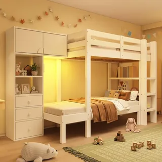 Flieks Etagenbett 90x200cm mit Bewegungssensor-Nachtlicht, Kinderbett Hochbett mit Schrank und Regal, Stockbett Einzelbett für 2 Kinder, Weiß - Weiß