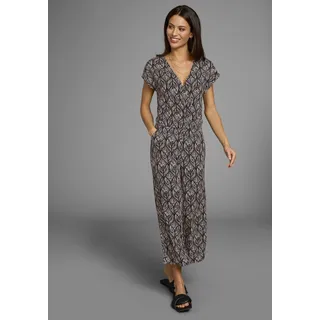 Jumpsuit LAURA SCOTT, Damen, Gr. 44, N-Gr, schwarz (schwarz, sand, geometrisch), Jersey, Obermaterial: 95% Viskose, 5% Elasthan, gemustert, figurumspielend wadenlang, V-Ausschnitt, Overalls Jumpsuit, mit geometrischem Muster, Topseller