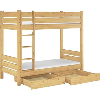 Etagenbett extra stabil Kiefer 100x200 Nische 80 Hochbett teilbar Zubehör wählbar V-60.16-10T80Rollrost. Matratzen und Doppelbettkasten inkl. - Naturbelassen