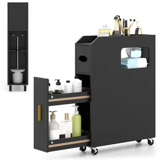 FANTASK Badezimmerschrank schmal, Nischenschrank auf Rollen mit Toilettenpapier-Box, Bürstenhalter & Schublade, Badschrank Holz, platzsparender Seitenschrank für Wohnzimmer, Badezimmer (Schwarz)
