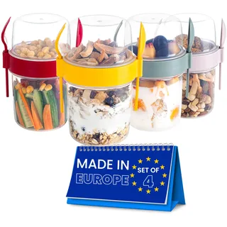 spar-home Müslibecher To Go – 4er Set Joghurtbecher To Go mit Löffel und Gabel Müsli To Go Becher 600 ml für Yoghurt Müsli Essen im Unterwegs Büro Schule (4er-Bunt)