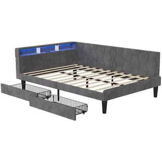 EuroLiving Polsterbett 140x200 cm Tagesbett mit 2 Schubladen, LED & Usb, Doppelbett mit Kopfteil Stauraum, Grau , Metall , 140x200 cm , Schlafzimmer, Betten, Polsterbetten