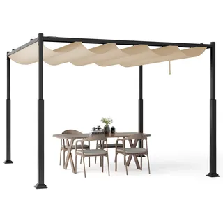 COSTWAY Pergola 3,1x3,1m mit Schiebedach, Pavillon wasserdicht stabil Winterfest, Gartenpavillon mit robusten Metallsäulen, Beige - Beige