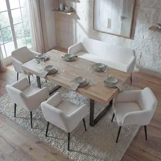 Esszimmer-Set HWC-L13, 4er-Set Stuhl+Sitzbank Esszimmergruppe Sitzgruppe Esszimmergarnitur, Stoff/Textil  creme-weiß - Weiß