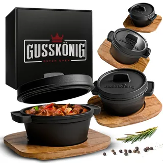 Mini Dutch Oven Set Feuerkessel 4-teilig Gusseisen mit Untersetzer & Rezeptbuch