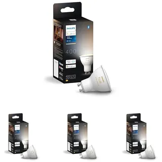 Philips Hue White GU10 LED Spot 4er Pack (400lm), dimmbare LED Lampe für das Hue Lichtsystem mit warmweißem Licht, smarte Lichtsteuerung über Sprache und App