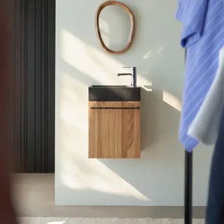 Stelle - Badunterschrank massivem Teakholz mit Marmor Waschbecken black