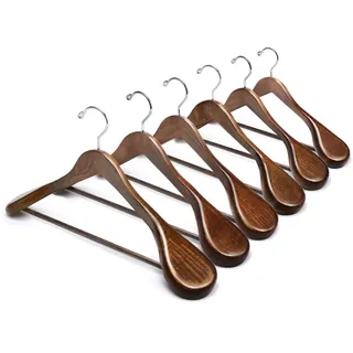 Amber Home 6 Stück Walnussholz-Kleiderbügel mit breiter Schulterpartie, Kleiderbügel aus Holz, mit Rutschfester Hosenstange, Massivholz, Jacken-Kleiderbügel, Glatte Oberfläche für Pullover, Hosen,