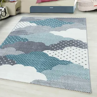 Kinderteppich AYYILDIZ TEPPICHE "Bambi 820, auch in rund erhältlich" Gr. 2, blau, B:80cm H:11mm L:150cm, Kunstfaser, Teppiche, Kinderteppich, auch in rund, Wolken Motiv, Kurzflor