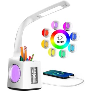 VAZILLIO Schreibtischlampe Kinder 7 IN 1 Led Tischleuchte,VAZILLIO 10W Augenschutz Nachttischlampe Dimmbar Stifthalter Tischleuchte mit Lcd Display/kalender/Wecker/USB-Anschluss für kinder