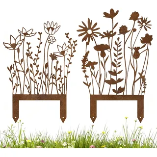 SPERMUOY Gartenstecker Rost Blumen Rost deko für Garten,2er Metall Blumenstecker Rostdeko Roststecker Garten Pflanzenstecker Metallstecker Rost Deko für Rasen Hof Balkon Blumentopf