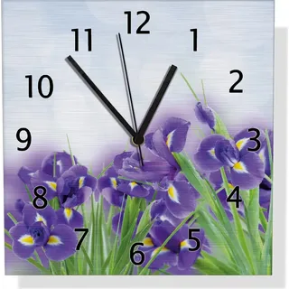Wallario Design Wanduhr Abstrakte blaue Schwertlilien in Nahaufnahme aus Aluverbund, Größe 30 x 30 cm - Weiß