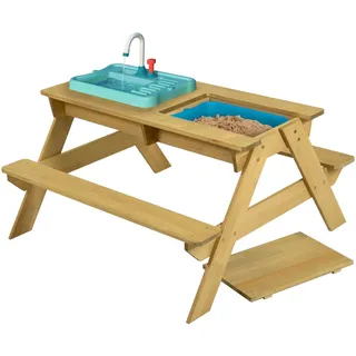 TP Toys Splash and Play hölzerner Picknicktisch mit funktionierendem Wasserhahn, Schüssel für Sand- und Wasserspiele, Mehrzweck-Holztisch für Kinder ab 2 Jahren 130 x 137 x 138 cm