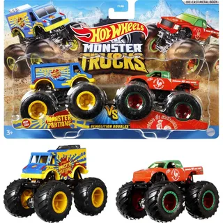 Hot Wheels Monster Trucks Demolition Doubles , 2er-Pack mit verschiedenen Modellen, ink. detaillierte Statistiken zur Stärke, riesige Räder und abgef... - Beige