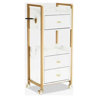 Servierwagen mit Rollen und 3 Schubladen, Friseurwagen in Weiß-Gold, Salon Trolley mit 2 Ablagen und Föhnhalter, Moderner Arbeitswagen für Bad und Wohnzimmer, 30x40x95cm