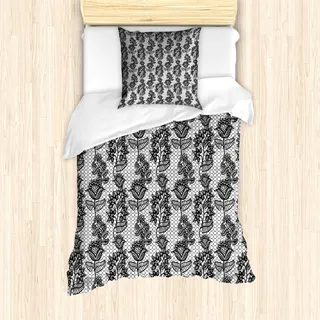 ABAKUHAUS Schwarz-Weiss Bettbezug Set für Einzelbetten, Spitze Stil Floral, Milbensicher Allergiker geeignet mit Kissenbezug, Weiß Schwarz - Schwarz