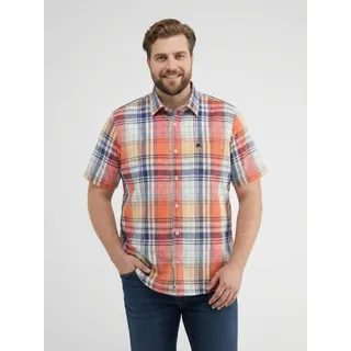 Kurzarmhemd LERROS "Kariertes Kurzarmhemd in großen Größen", Herren, Gr. 3XL, extraweit, bunt (broken weiß), 71% Baumwolle, 29% Leinen, Hemden Kurzarmhemd