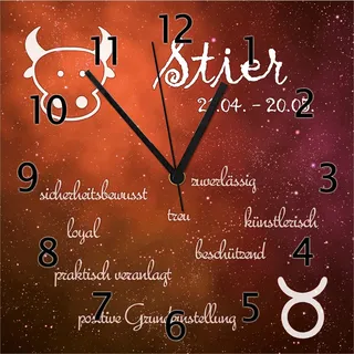 Wallario Design Wanduhr Sternzeichen Stier aus Echtglas, Größe 30 x 30 cm - Orange